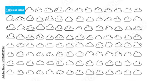 Set of vector cloud icons outline vector illustration. Set of 110 cloud sign line art. Meteorology weather forecast interface element