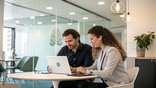 Collaboration in the Modern Workplace: Two professionals collaborate over a laptop at a modern office, surrounded by a clean, contemporary interior setting.