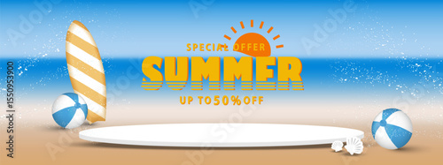 White circle base with beach balls, shells, surfboard on sea scene for Summer product sale. Vector illustration.