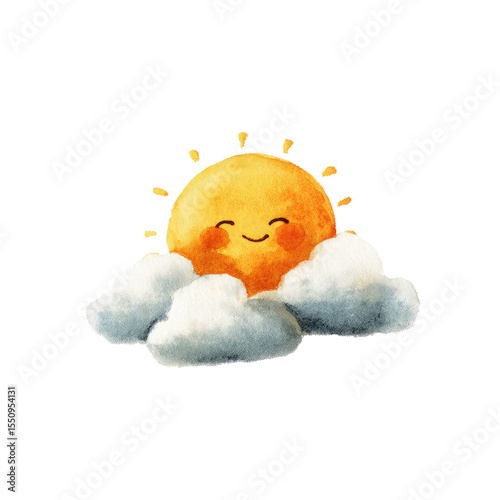 Cheerful Smiling Sun Watercolor Illustration Surrounded by Soft Fluffy Clouds Perfect for Kids' Art Projects and Decor