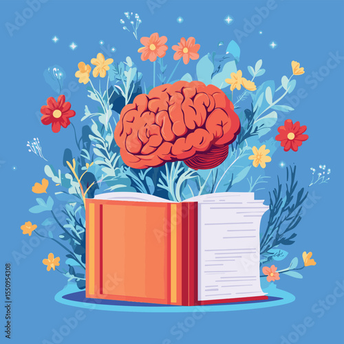 Red book with flowers, brain and sprouts isolated on blue background