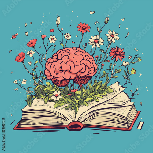 Red book with flowers, brain and sprouts isolated on blue background