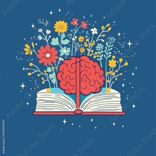 Red book with flowers, brain and sprouts isolated on blue background