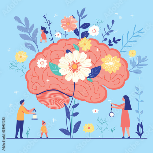 Hand irrigating blooming flowers on human brain