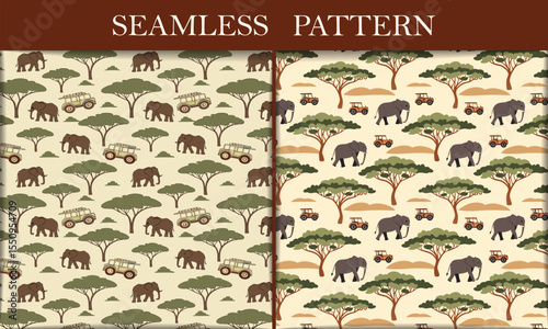 African Safari Seamless Pattern Elephants, Trees, and Jeeps