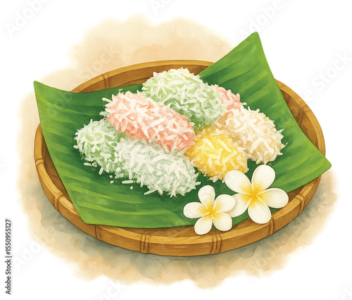 Colorful Thai Tuapap (Sticky Rice Dumplings) Watercolor Illustration