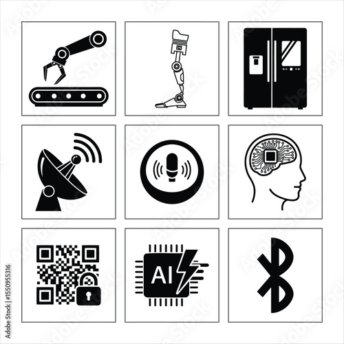 Black And White Icons Representing Modern Technology Innovations And Artificial Intelligence