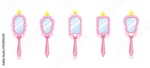 Princess mirror. Set of Baby hand mirrors with pink different borders and gold crowns. Handheld Makeup Frame. Vintage Vector illustration in flat cartoon style.