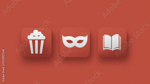 Banner, three graphic icons, one represents cinema, the second represents theater, mask for theater, and the third represents fiction books, monochromatic background 