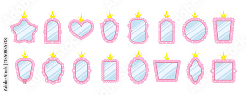 Princess mirror. Set of Elegant wall mirrors with gold crowns. Beauty tale. Teen and child girl self care accessory. Vector illustration in flat cartoon style.