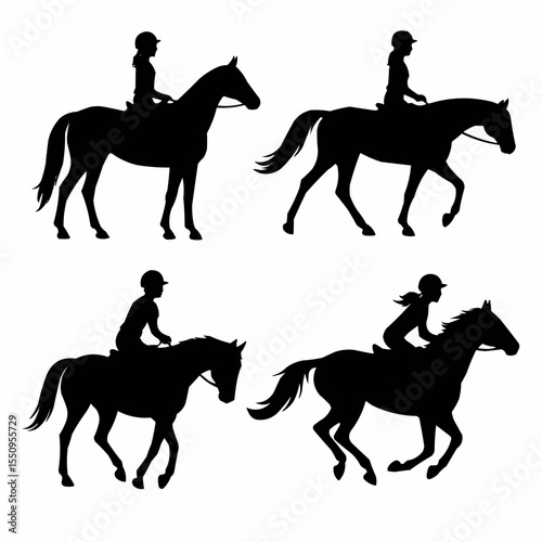 Horse with jockey, icons, clipart graphics. Set of horse rider silhouettes in different poses. Vector illustration isolated on a white background