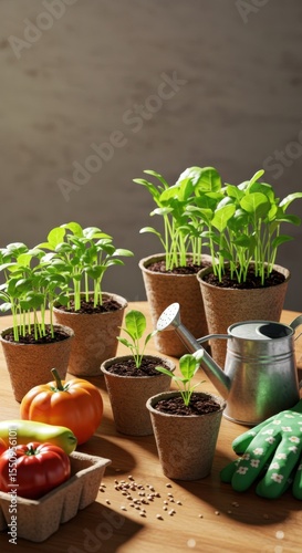 Gardening at Home: Seedlings in Pots, Vegetables, and Gardening Tools on Wooden Table