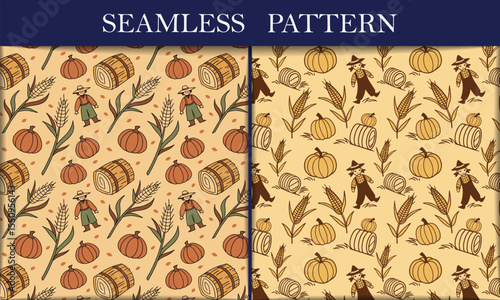 Autumn Harvest Seamless Pattern Pumpkins, Scarecrow, Wheat Design
