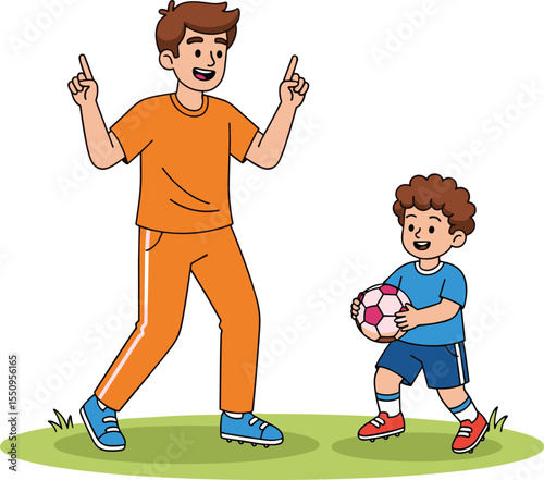 Adorable Cartoon Father and Son Playing Soccer Together, Perfect for Family Bonding Illustrations flat vector illustration