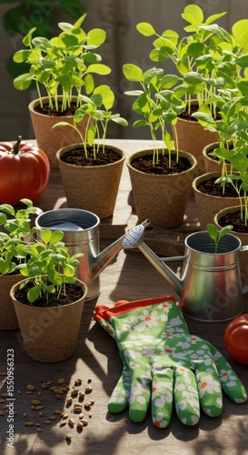Sunlight Drenched Garden Scene: Seedlings, Watering Cans, and Gardening Glove