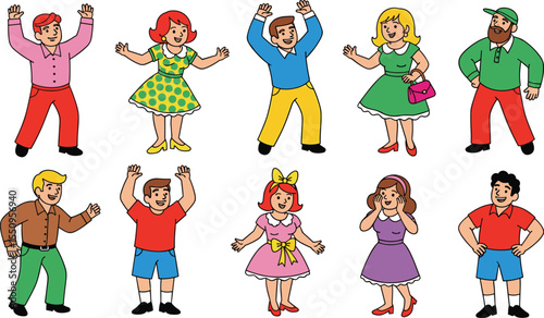 Happy cartoon people characters in colorful clothes, isolated on white background, perfect for education, diversity, retro themes, or storytelling

 flat vector illustration