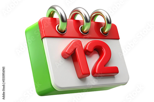 3D Calendar Icon with Red Date Number 12 – Isolated Clipart Illustration