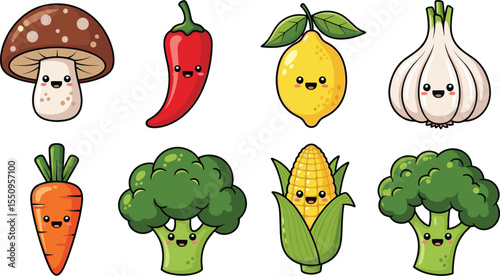 Adorable Cartoon Vegetables and Fruits with Happy Expressions, Perfect for Healthy Eating Illustrations flat vector illustration