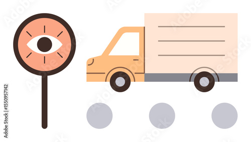 Eye sign beside a delivery truck with movement cues visualizing security, monitoring, logistics, transportation, fleet management, traffic control, safety. Ideal for simple flat metaphor