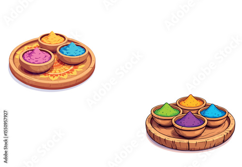 Vsai colorful gulal powder on wooden tray for celebrating holi festival