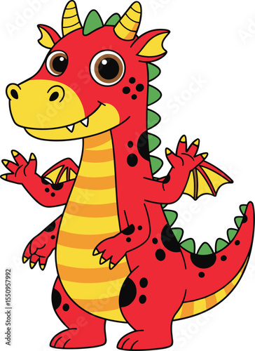 Adorable Cartoon Dragon with Colorful Details, Perfect for Fantasy and Children's Illustrations flat vector illustration