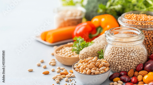 A vibrant plant-based spread with fresh vegetables, greens, and grains on a rustic table, illuminated by natural sunlight for a wholesome, earthy feel.