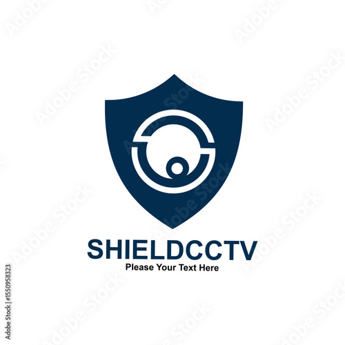 Modern shield logo for CCTV and security services, featuring a stylized eye/camera. Ideal for surveillance, protection, and monitoring brands, conveying safety and advanced technology.