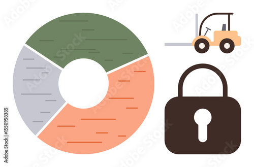 Pie chart, forklift, and lock representing data analysis, logistics, security, and confidentiality. Ideal for statistics, logistics, safety access control privacy operations and data management