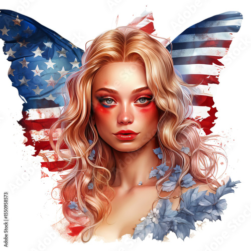 Watercolor clipart of American girl with American butterfly , 4th of July celebration