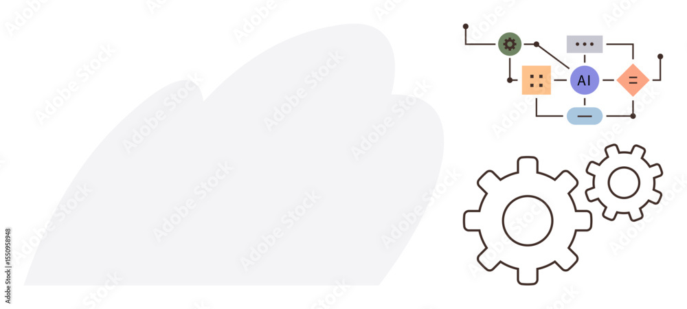 Fototapeta premium AI workflow diagram with connected components and gears symbolizing machine learning, automation, and technology. Ideal for innovation, data science, progress, tech industry, research, cloud