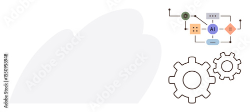 AI workflow diagram with connected components and gears symbolizing machine learning, automation, and technology. Ideal for innovation, data science, progress, tech industry, research, cloud