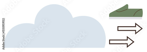 Green sneaker moving forward with two arrows, accompanied by a cloud. Ideal for speed, motion, sports, running, fitness, progress performance. Simple flat metaphor