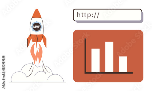 Rocket labeled MVP launching into clouds beside a bar chart and URL bar symbolizing startup growth. Ideal for entrepreneurship, innovation, digital marketing, product launch, web development