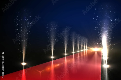 3D art is showing red carpet runway extending toward glowing aperture on stage with spark fountains