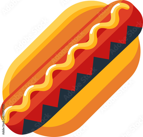 Bold vector of a gourmet hot dog with toppings and mustard zigzag with white background.