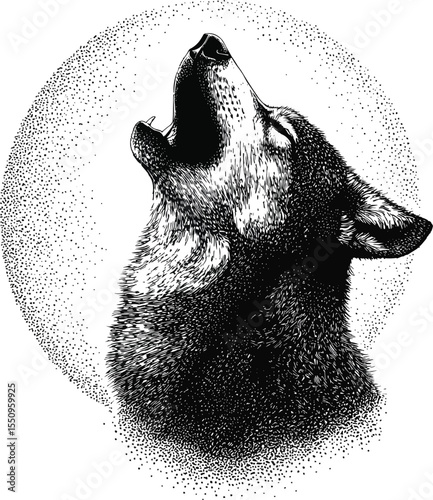 Howling Wolf Illustration in Dotwork Style,Generative Ai