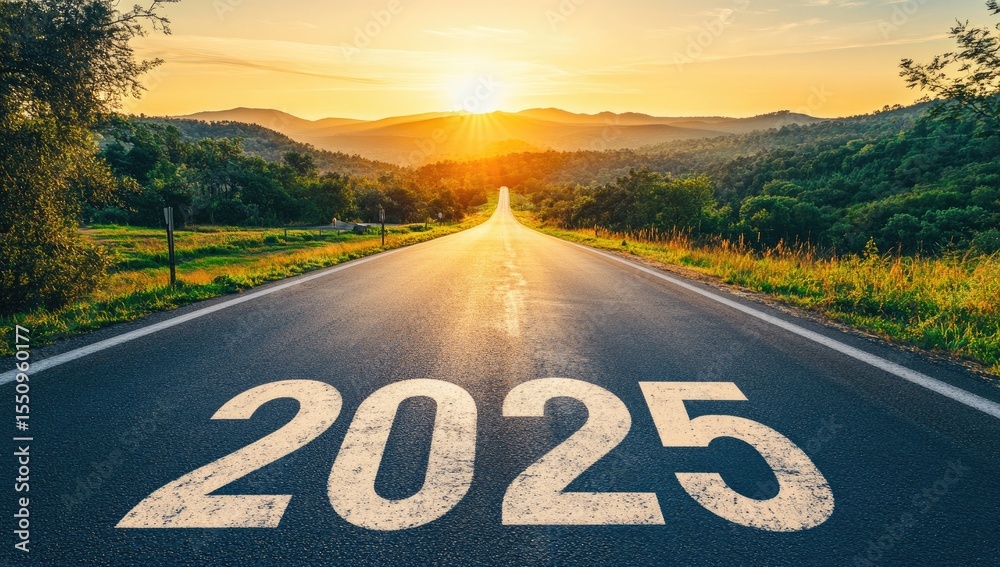custom made wallpaper toronto digitalScenic road leading into a vibrant sunset, with the year 2025 painted on the asphalt