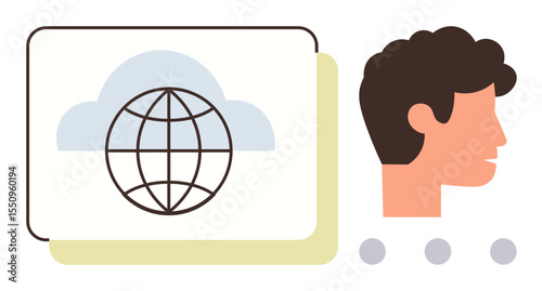 Globe overlaying cloud, human profile, and dots convey global connectivity, cloud technology, communication, and teamwork. Ideal for technology, communication, integration globalization human