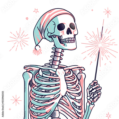 Skeleton with sparklers 4th of July. Ghost Spooky Scary Halloween Cartoon Clipart Line Art Vector Illustration. Bony figure firework display independence day celebration theme.