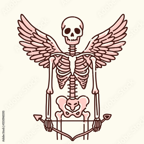Skeleton with cupid wings and bow Valentine. Ghost Spooky Scary Halloween Cartoon Clipart Line Art Vector Illustration. Bony figure in love holiday design arrow angelic pinion.