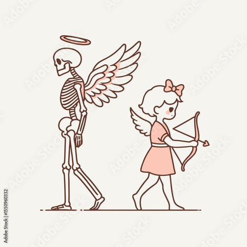 Skeleton with cupid wings and bow Valentine. Ghost Spooky Scary Halloween Cartoon Clipart Line Art Vector Illustration. Bony figure angel pinions love arrow affection holiday image.
