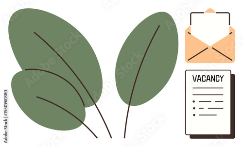 Green leaves next to an envelope and vacancy notice sheet. Ideal for sustainability, eco-conscious hiring, recruitment, job search, environmental awareness, HR, and career growth. Simple flat
