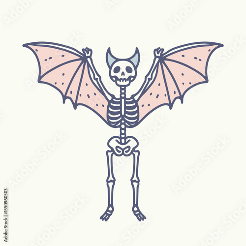 Skeleton with bat wings. Ghost Spooky Scary Halloween Cartoon Clipart Line Art Vector Illustration. Bony figure having flitter appendages airborne dead frame wing.