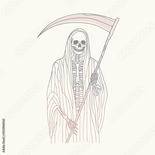Skeleton with a scythe. Ghost Spooky Scary Halloween Cartoon Clipart Line Art Vector Illustration. Bony figure holding blade death symbol grim reaper concept horror theme.