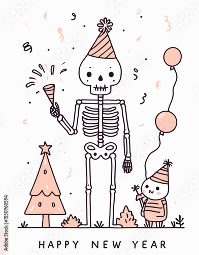 Skeleton with a party hat and noisemaker New Year celebration party. Ghost Spooky Scary Halloween Cartoon Clipart Line Art Vector Illustration. Bony figure having fun cone rattle festive.