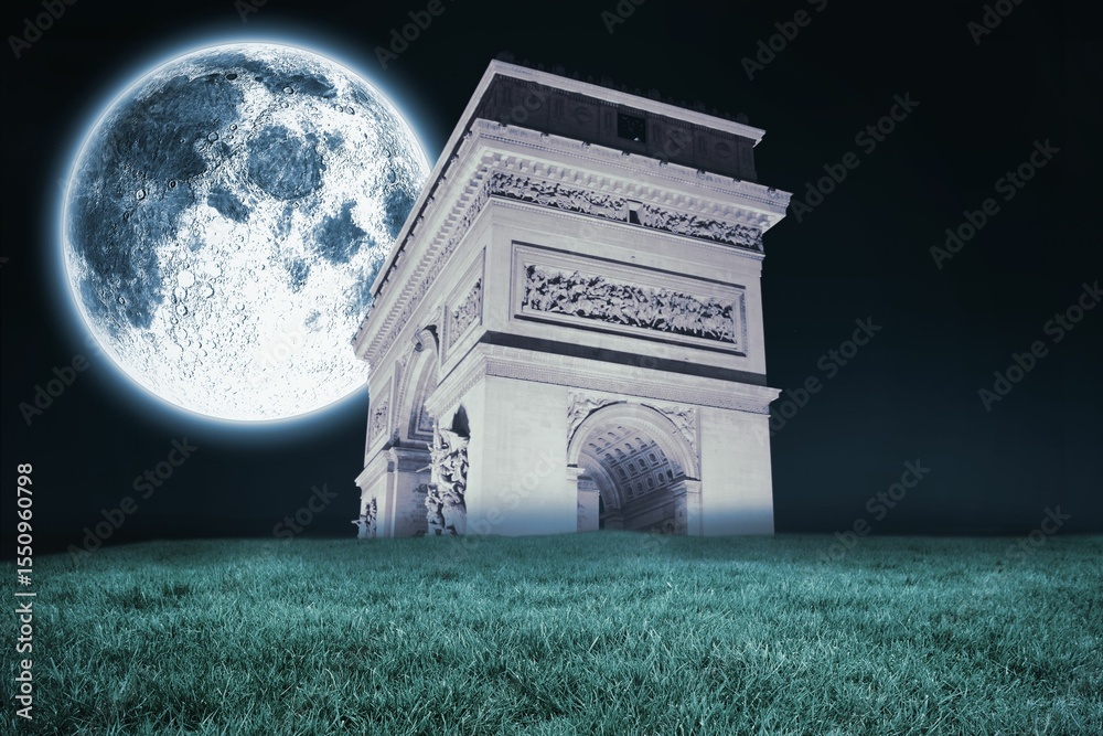 Naklejka premium Bright moon over arc de triomph