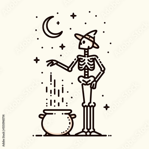 Skeleton with a cauldron. Ghost Spooky Scary Halloween Cartoon Clipart Line Art Vector Illustration. Bony figure near pot for potion making cookery imagery.