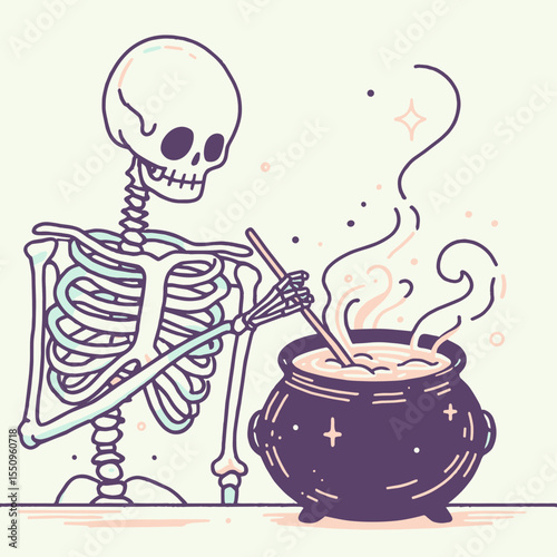 Skeleton with a cauldron. Ghost Spooky Scary Halloween Cartoon Clipart Line Art Vector Illustration. Bony figure beside pot concoction brewing magic ritual concept.