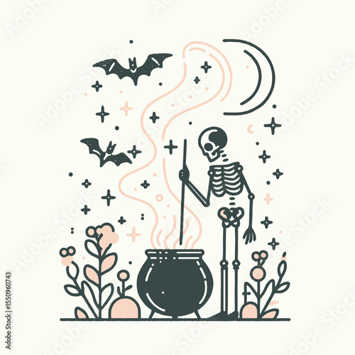 Skeleton with a cauldron. Ghost Spooky Scary Halloween Cartoon Clipart Line Art Vector Illustration. Bony figure near pot for brewing potion fantasy icon.