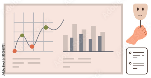 Line graph with data points, bar chart analysis, checklist for tasks, and hand holding a smile mask. Ideal for data tracking, strategy, presentation, human emotion, productivity workplace